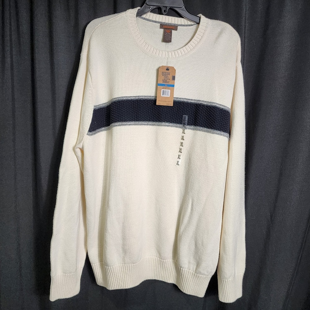 Dockers Mens XL Cream Cotton Crewneck Sweater Navy Blue Chest Stripe NWT